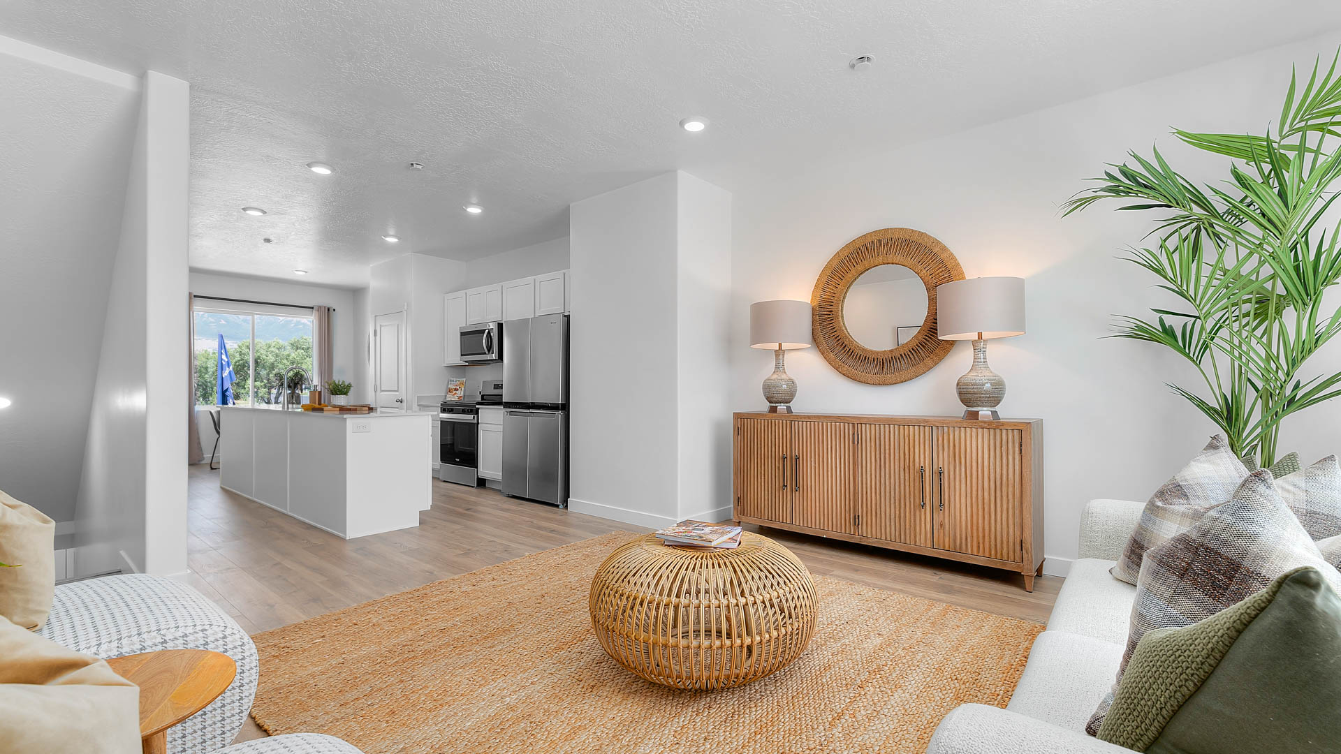 Spacious living room into kitchen space.