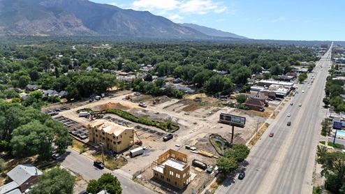 Midtown Village aerial of new community in Ogden, Utah.
