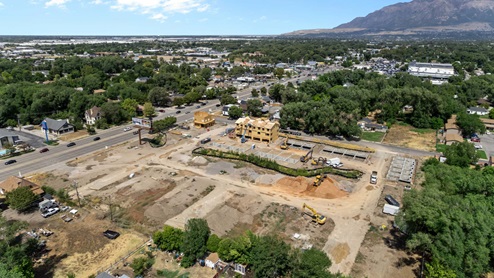 Midtown Village aerial of new community in Ogden, Utah.