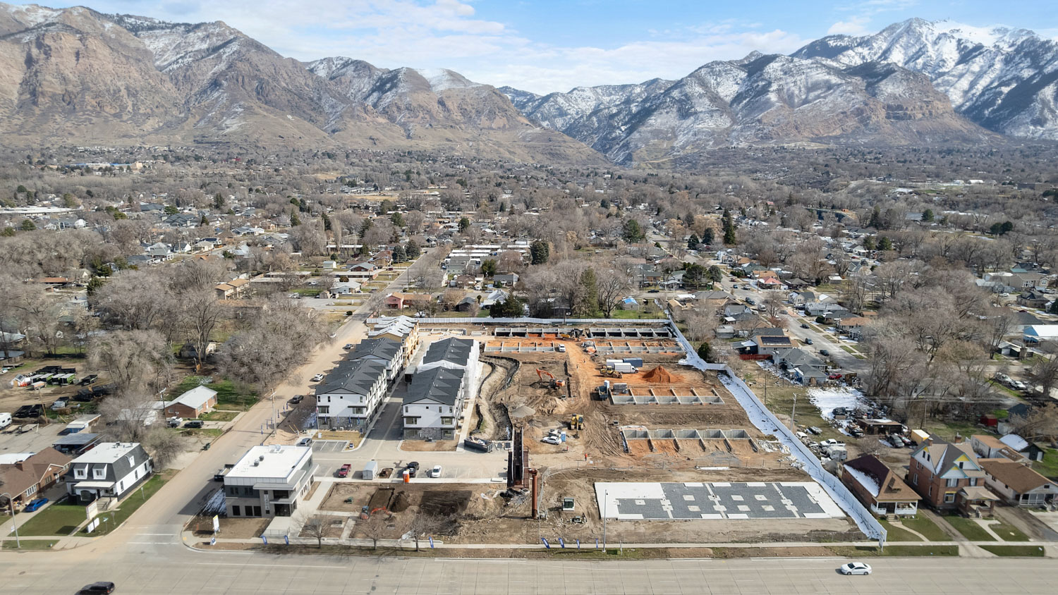 Midtown Village aerial of new community in Ogden, Utah.