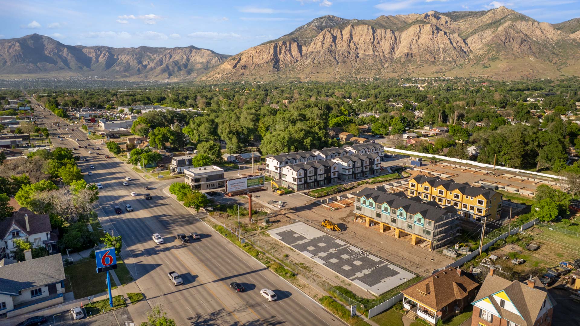 Midtown Village aerial of new community in Ogden, Utah.