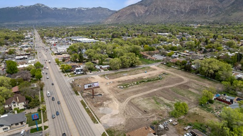 Midtown Village aerial of new community in Ogden, Utah.