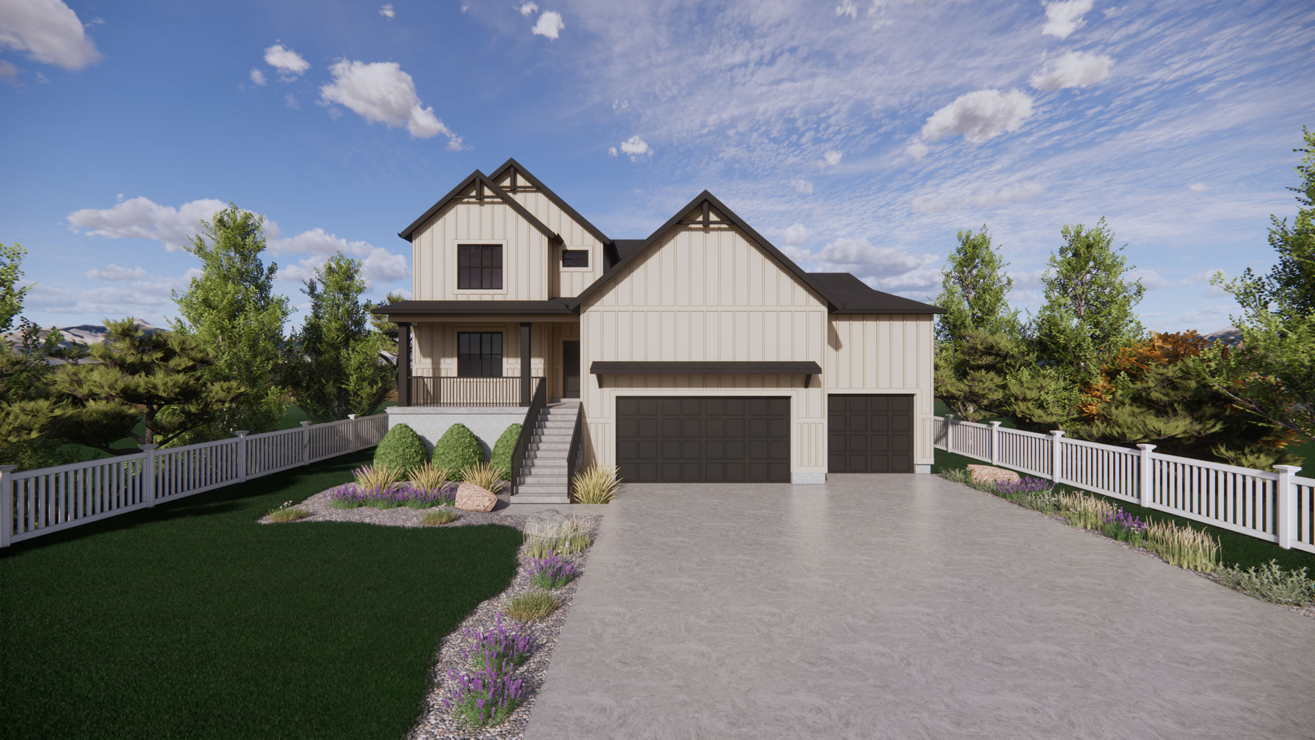 farmhouse elevation rendering of our harmony plan in ogden, utah
