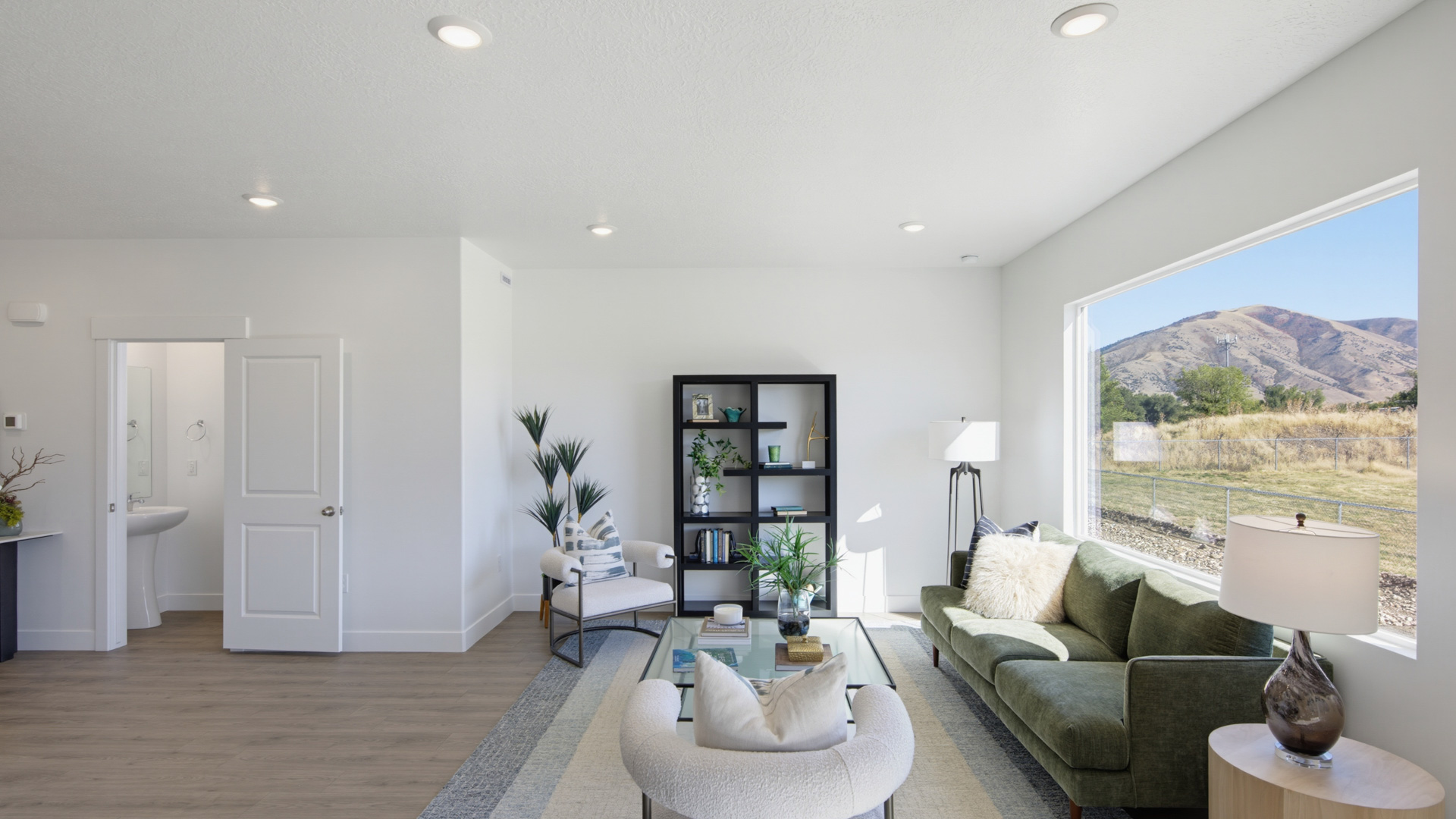 Family room with large window.