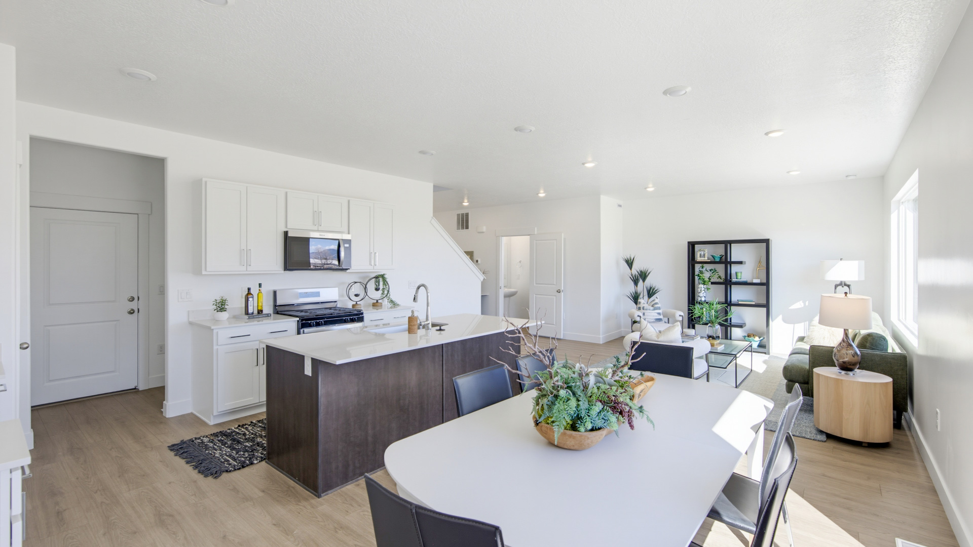 Kitchen and dining with patio doors.