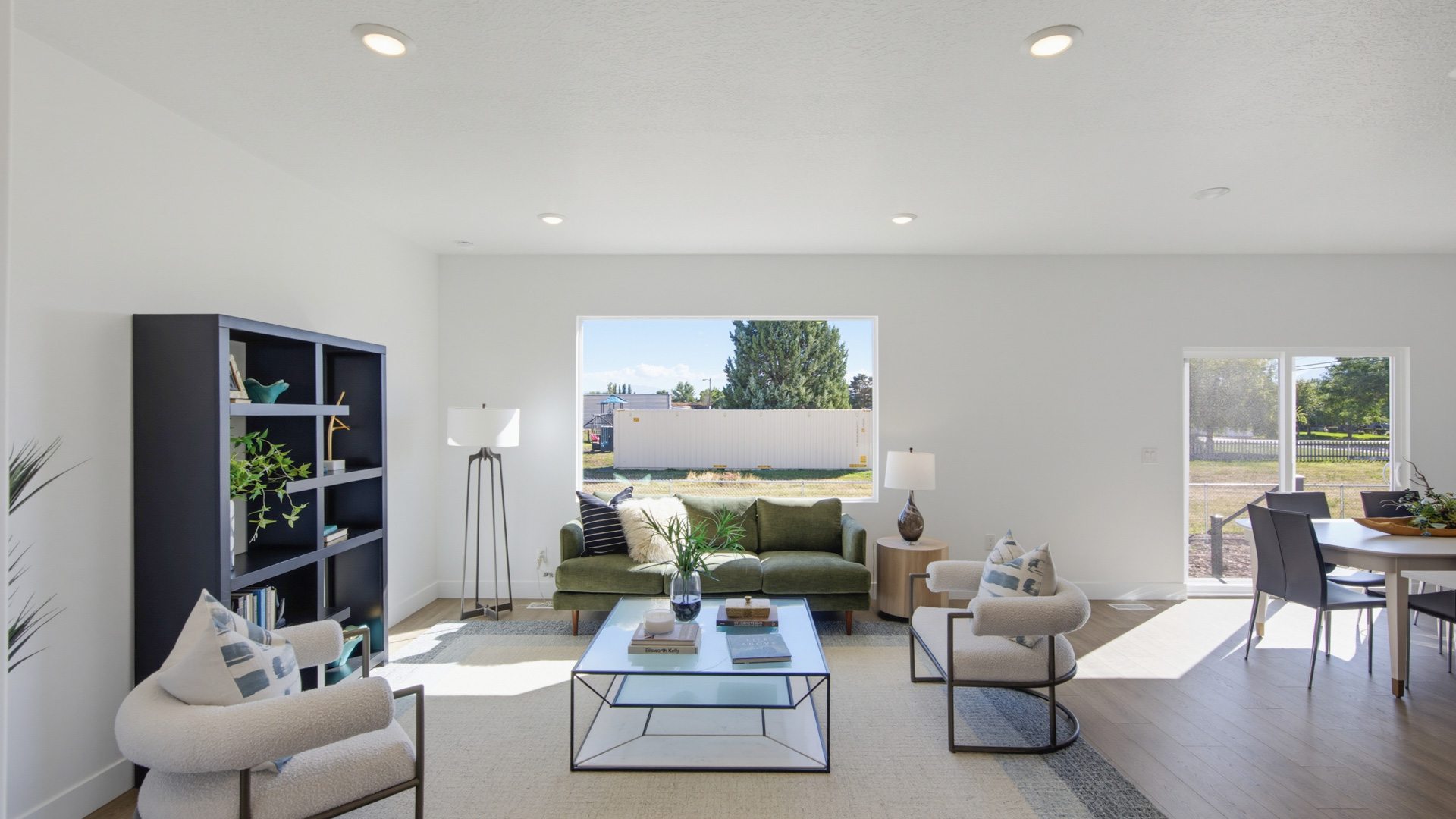 Family room with large window.