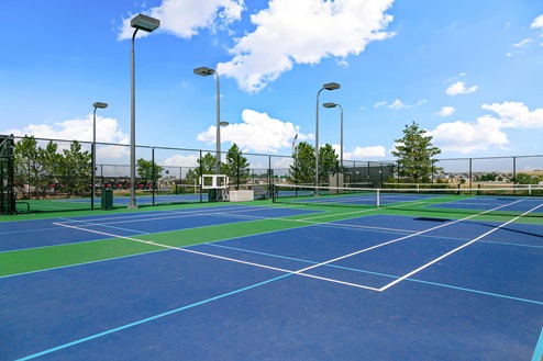 Several multipurpose blue outdoor tennis courts.