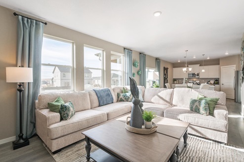 Fully furnished living room sharing the floor with kitchen offering ample natural lighting