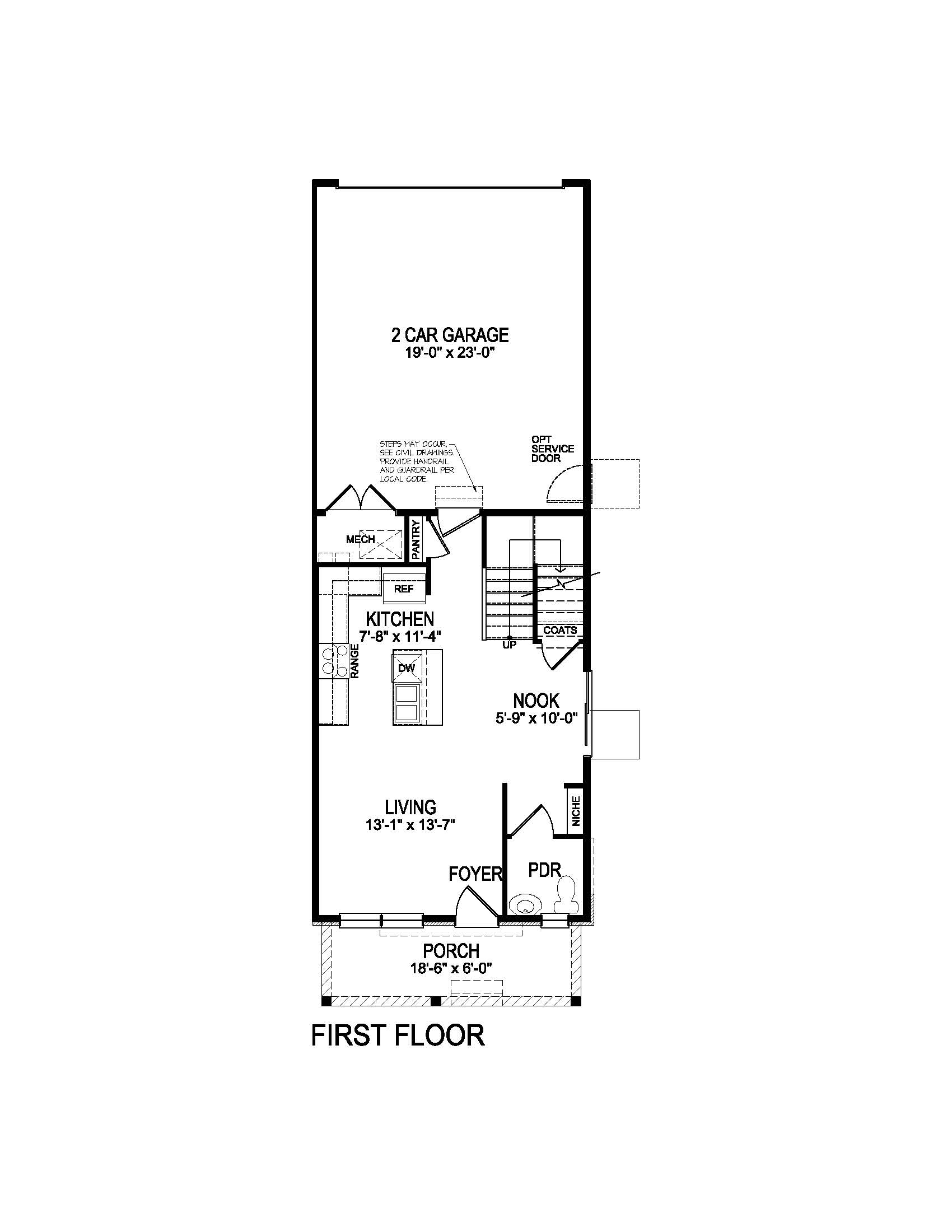 First floor plan diagram of Melbourne at Arcadia with open concept design including kitchen, living area and dining nook