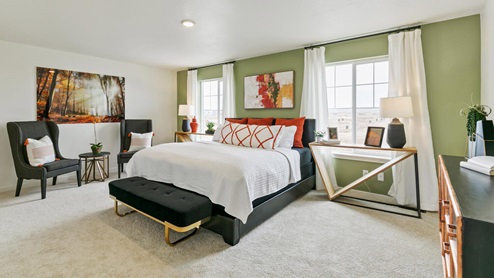 spacious staged bedroom with carpet floor and two windows
