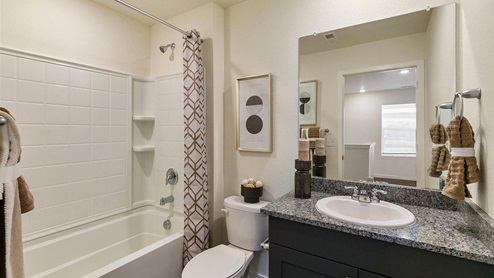 gray bathroom with tub