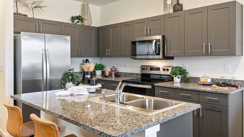 gray cabinet kitchen with stainless steel appliances