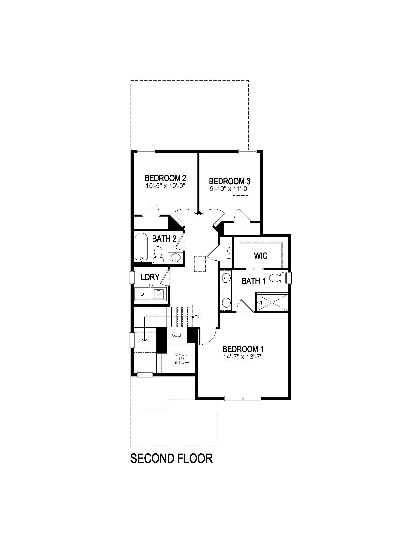 Second floor of Douglas floor plan at Horizon Uptown providing three bedrooms, including primary featuring private bathroom