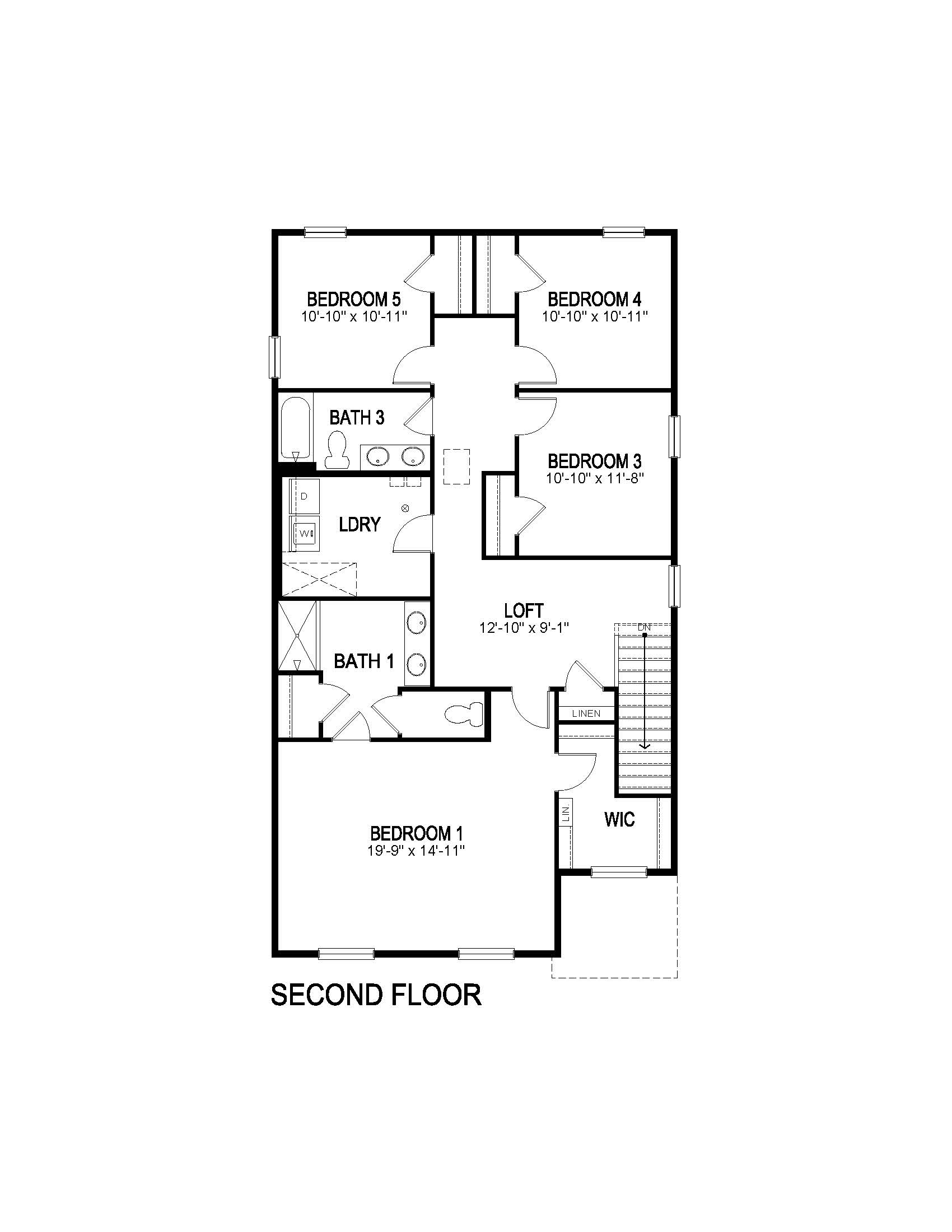 Second floor layout of Elm two-story home plan at Harmony by D.R. Horton