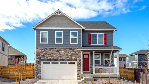 Exterior of two-story new construction home at Harmony community in Aurora, Colorado.