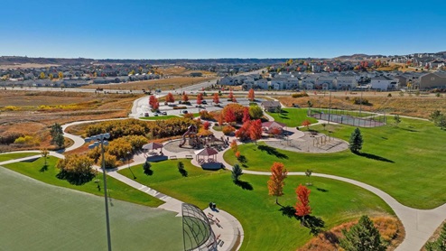 Nearby neighborhood amenities at Crystal Valley community including lighted sports fields, walking trails and play toys