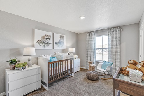 Secondary bedroom in model home in Pine Ridge phase of Crystal Valley displaying gridded operational window and LED lighting
