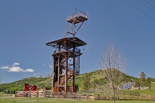 The Adventure Tower, a climbing and free falling tower in the Adventure Park, in Castle Rock Colorado