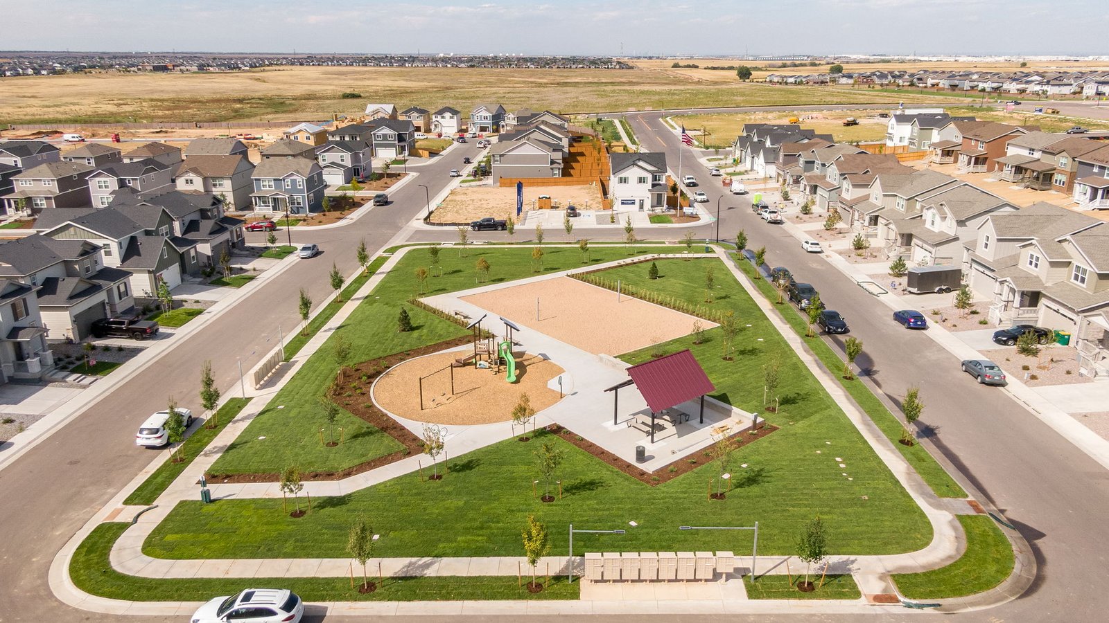 Aerial view of landscaped community area at Sky Ranch by D.R. Horton
