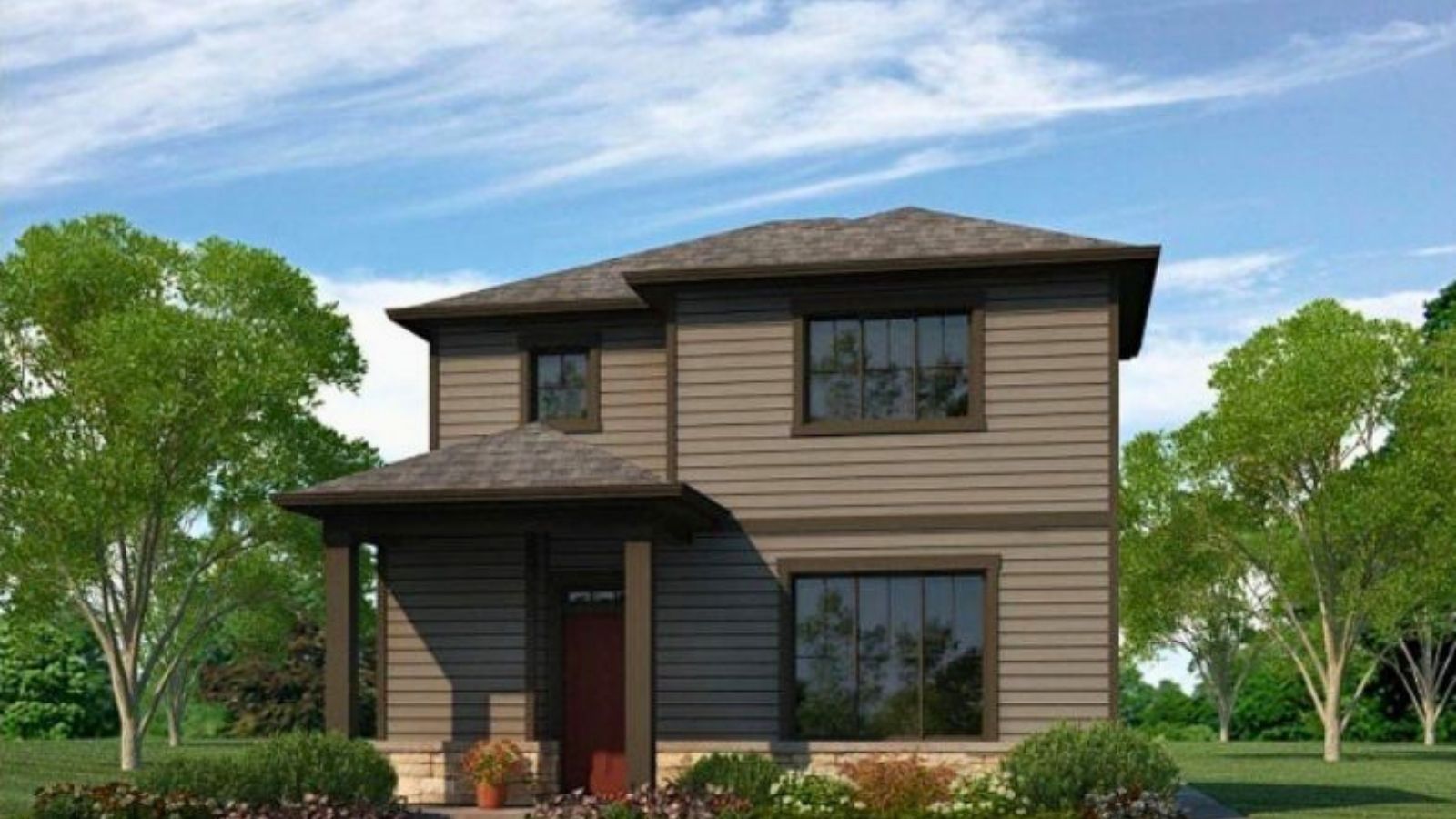 Exterior rendering of two-story Douglas plan with elevation option C showing tan siding and cream colored trim