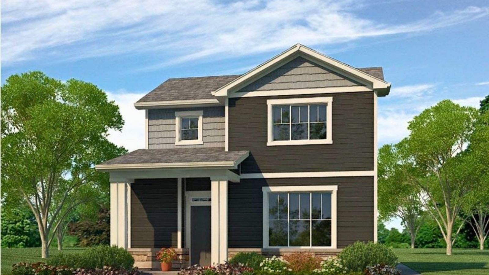 Exterior rendering of two-story Douglas plan elevation option B with dark siding and ivory trim