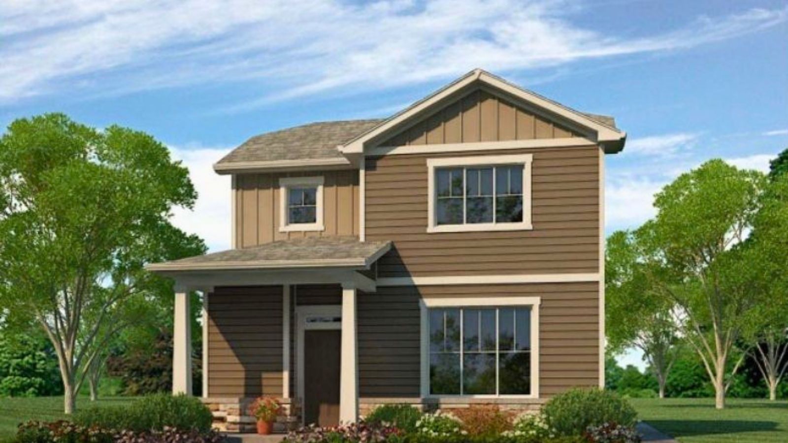 Exterior rendering of two-story Douglas plan elevation option A with dark brown features