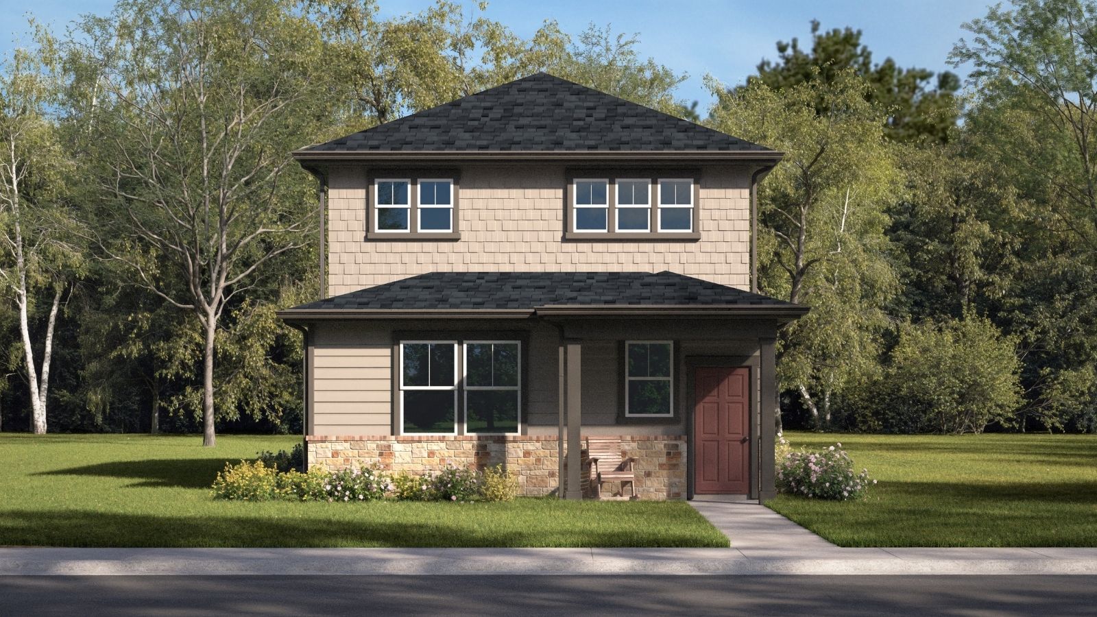 Exterior rendering of two-story Larimer plan showing elevation e sky ranch watkins, co