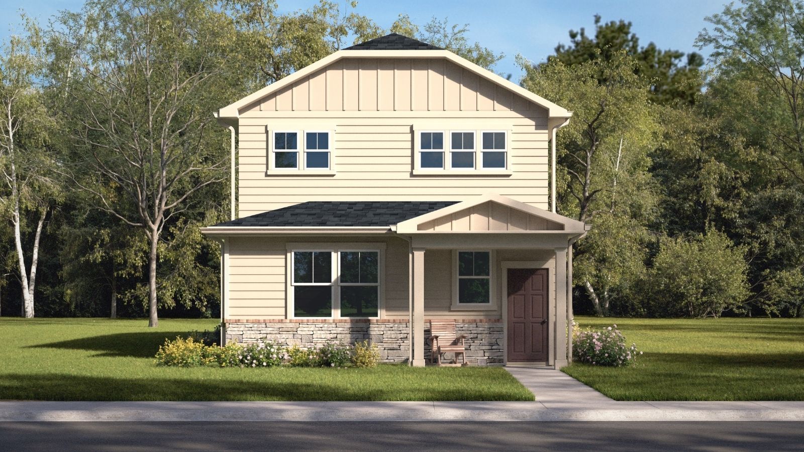 Exterior rendering of two-story Larimer plan showing elevation f sky ranch watkins, co