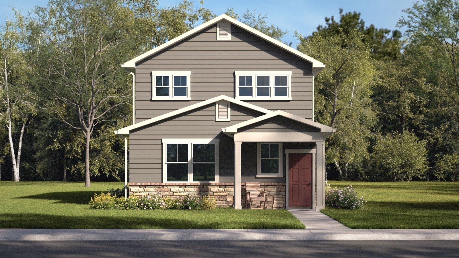 Exterior rendering of two-story Larimer plan showing elevation D sky ranch watkins, co