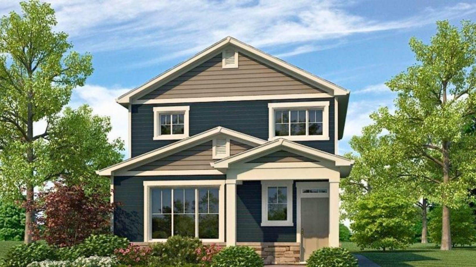Exterior rendering of two-story Larimer plan showing elevation option D with contrasting siding and trim