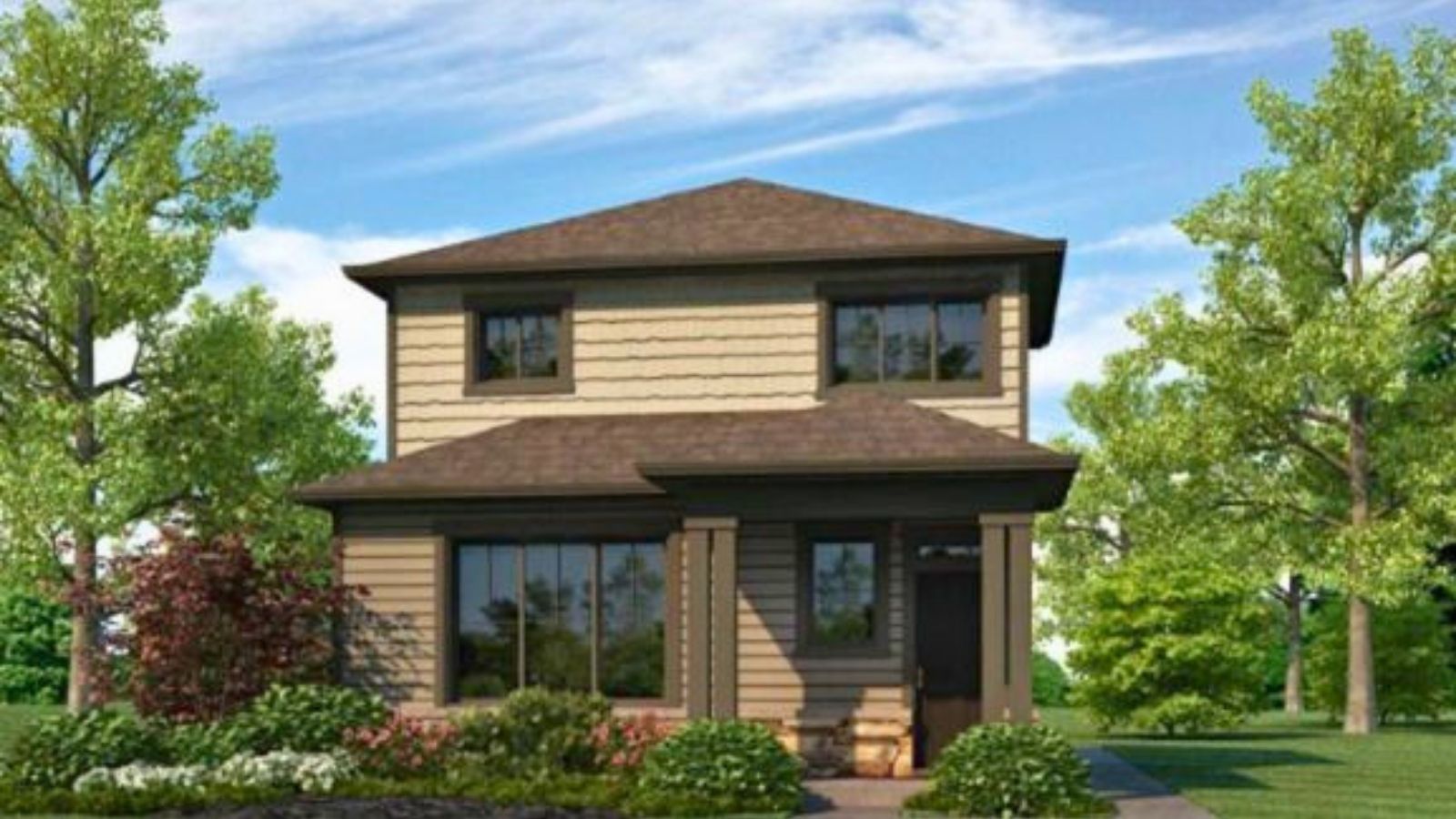Exterior rendering of two-story Larimer plan showing elevation option E with warm toned siding and trim