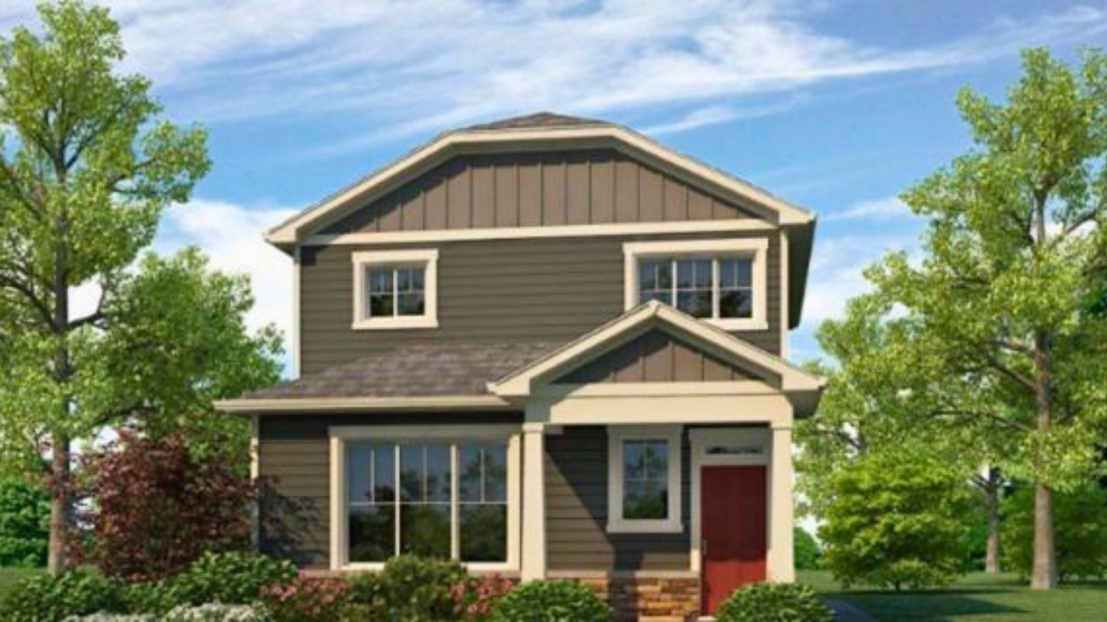 Exterior rendering of two-story Larimer plan showing elevation option F with red door