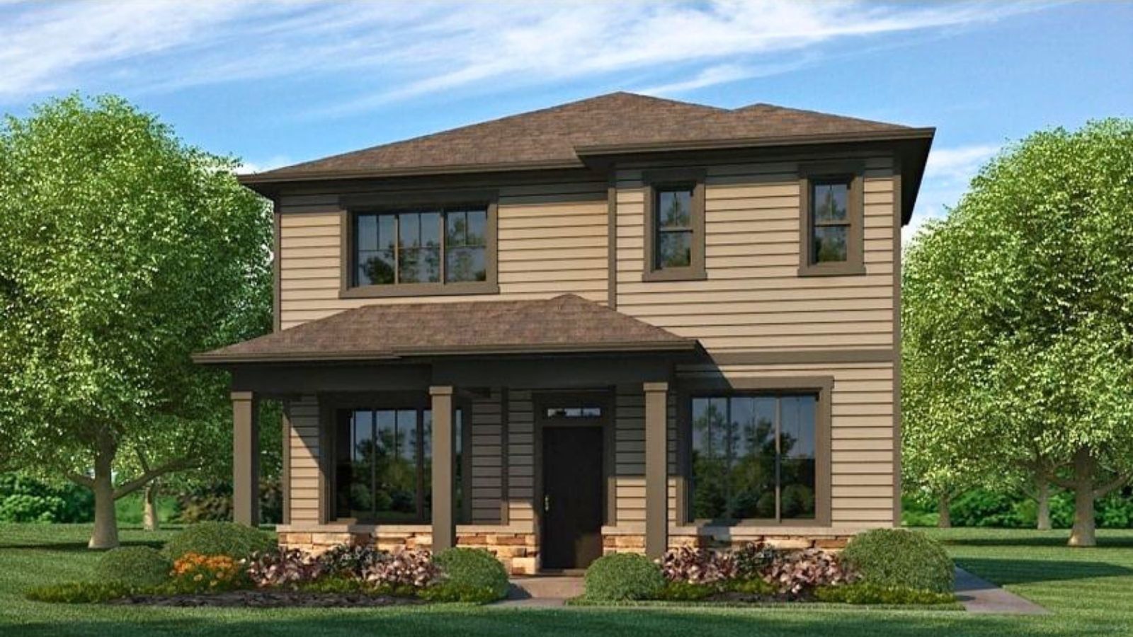 Rendering of two-story Elbert plan showing elevation option A with dark trim and medium brown siding