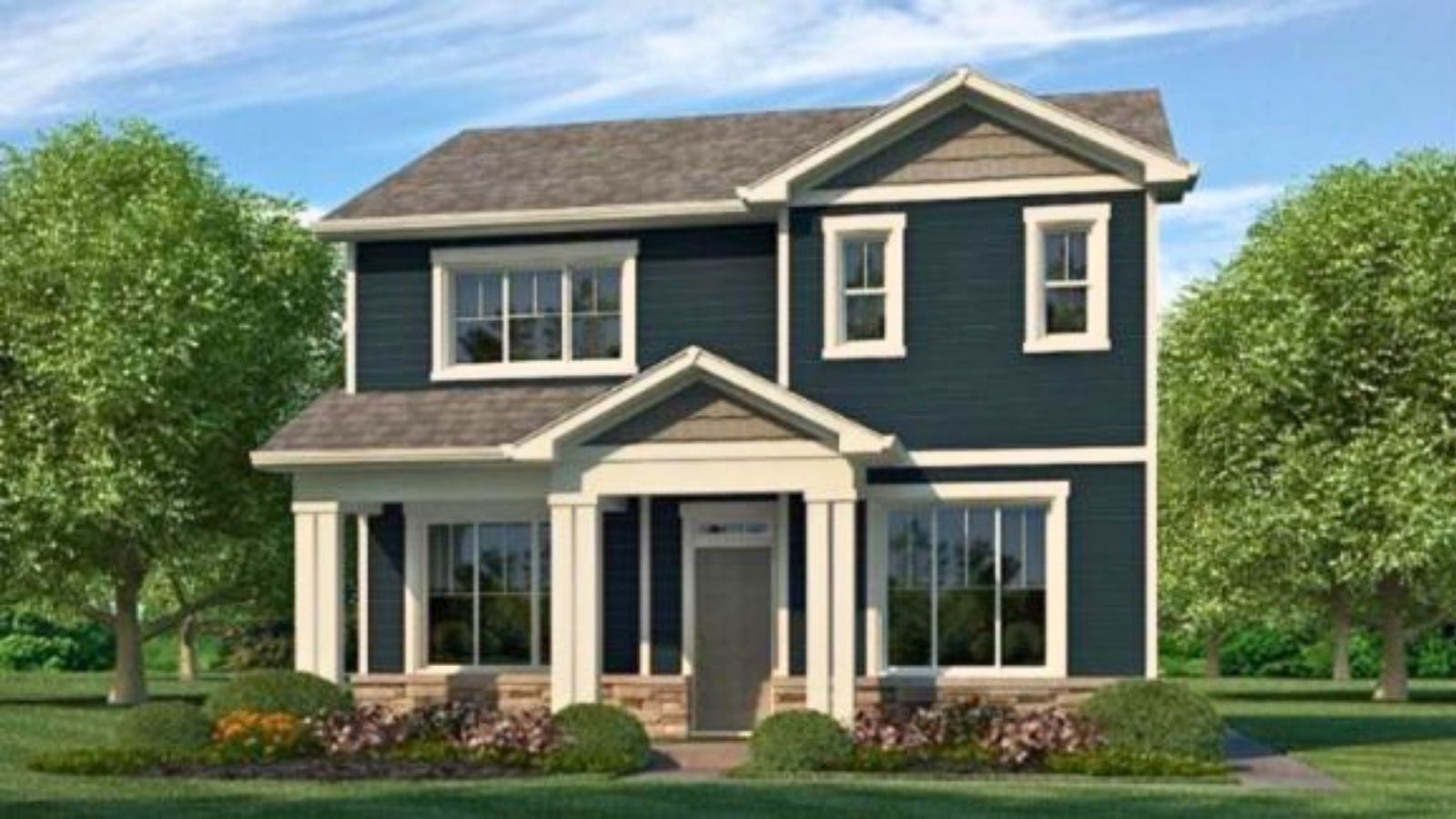 Rendering of two-story Elbert plan showing elevation option B with ivory trim and navy blue siding