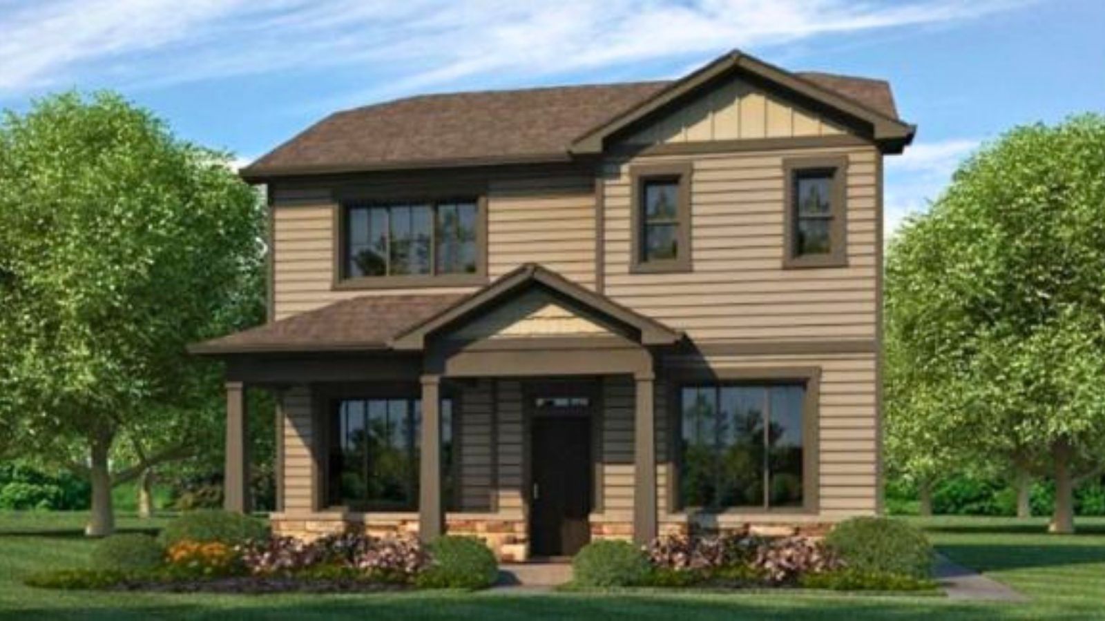 Rendering of two-story Elbert plan showing elevation option C with dark trim and medium brown siding