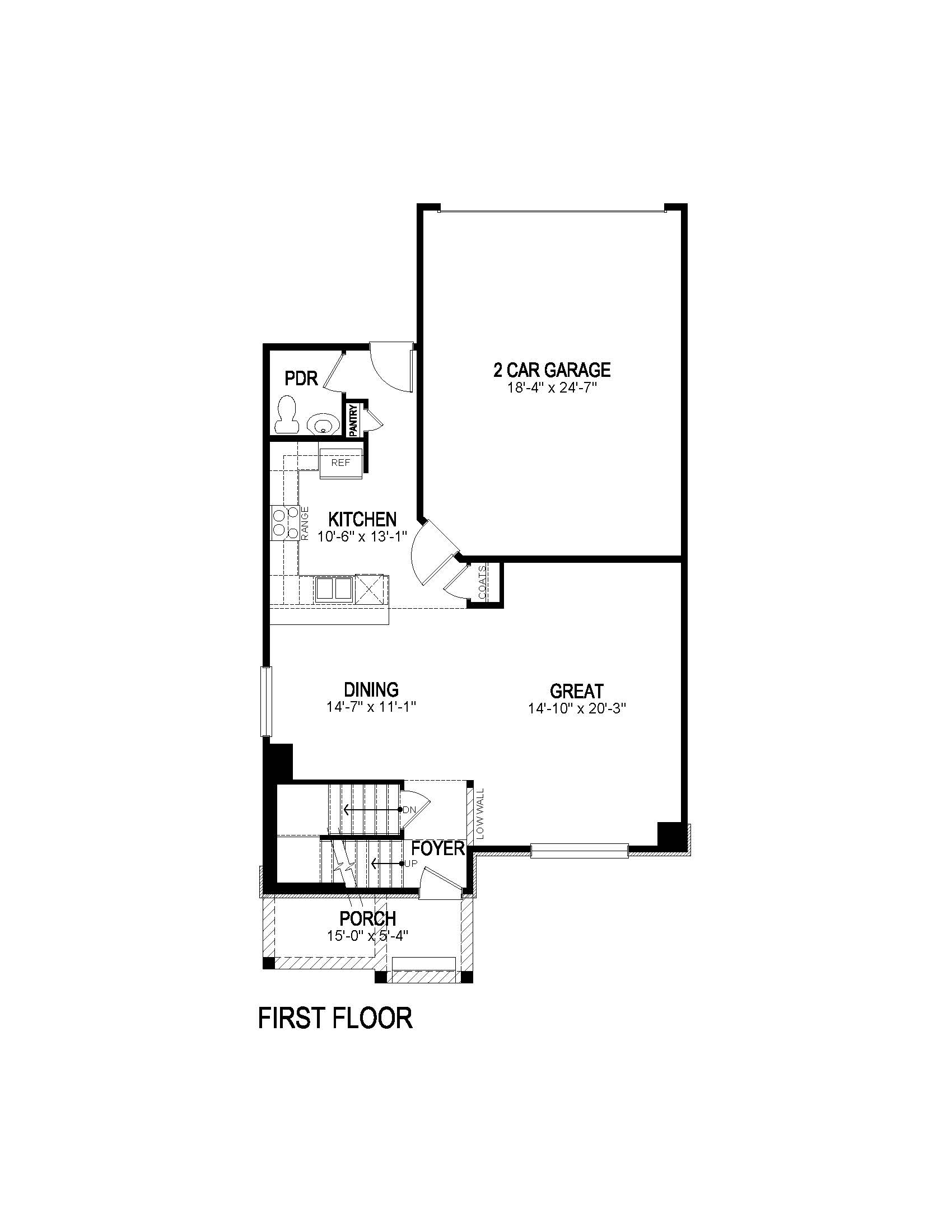 Layout of the first floor of the Alamosa plan, a two-story two-car home featured at Sky Ranch in Watkins, Colorado