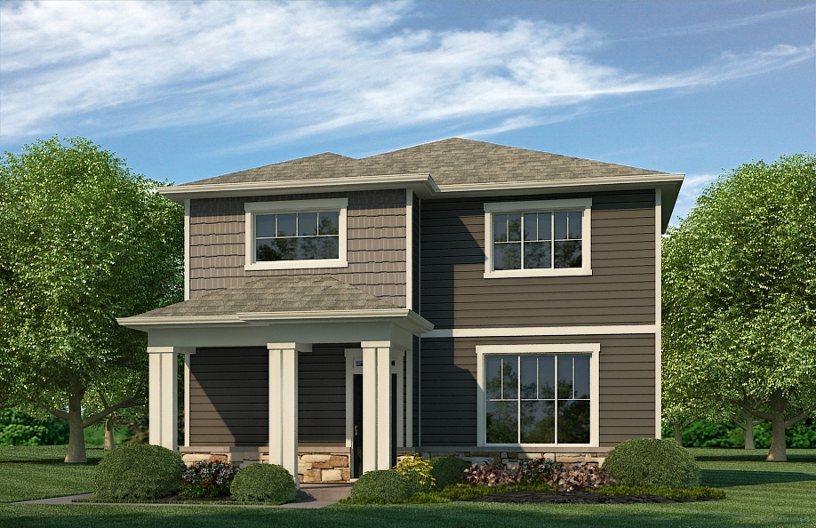 Rendered home exterior of two-story Alamosa plan showing elevation option B with beige trim and ornamental shutters