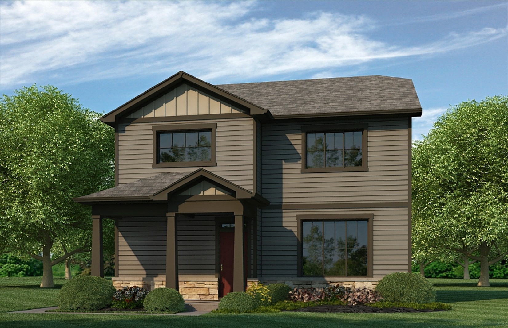 Rendered home exterior of two-story Alamosa plan showing elevation option C with brown siding and dark trim