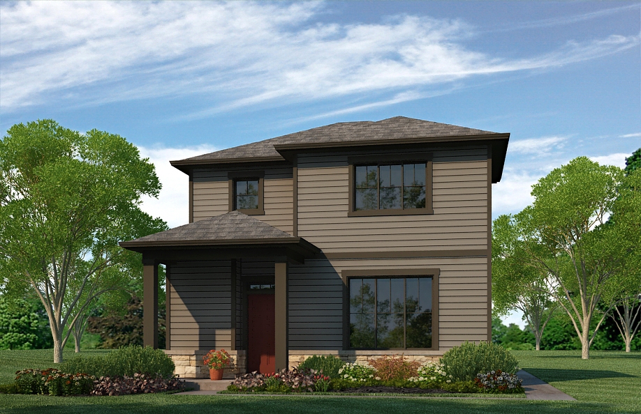 Exterior rendering of two-story Douglas plan elevation option A with dark brown features