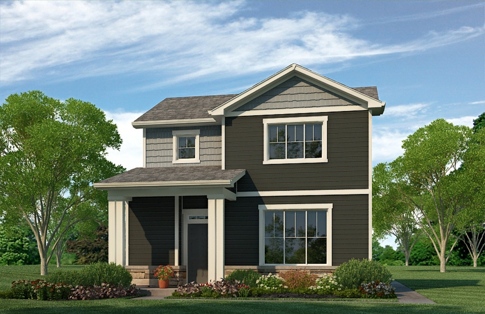 Exterior rendering of two-story Douglas plan elevation option B with dark siding and ivory trim