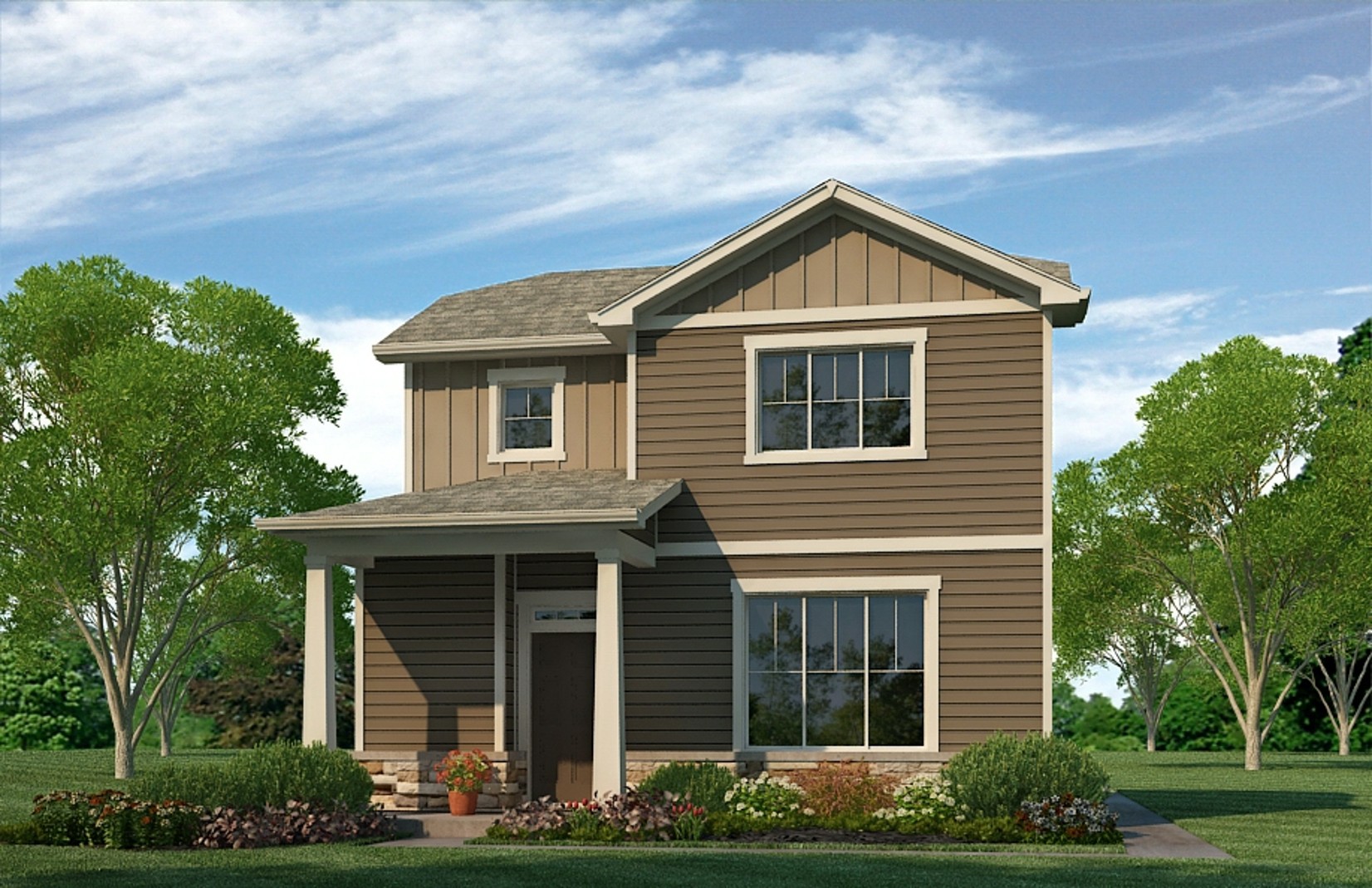 Exterior rendering of two-story Douglas plan with elevation option C showing tan siding and cream colored trim