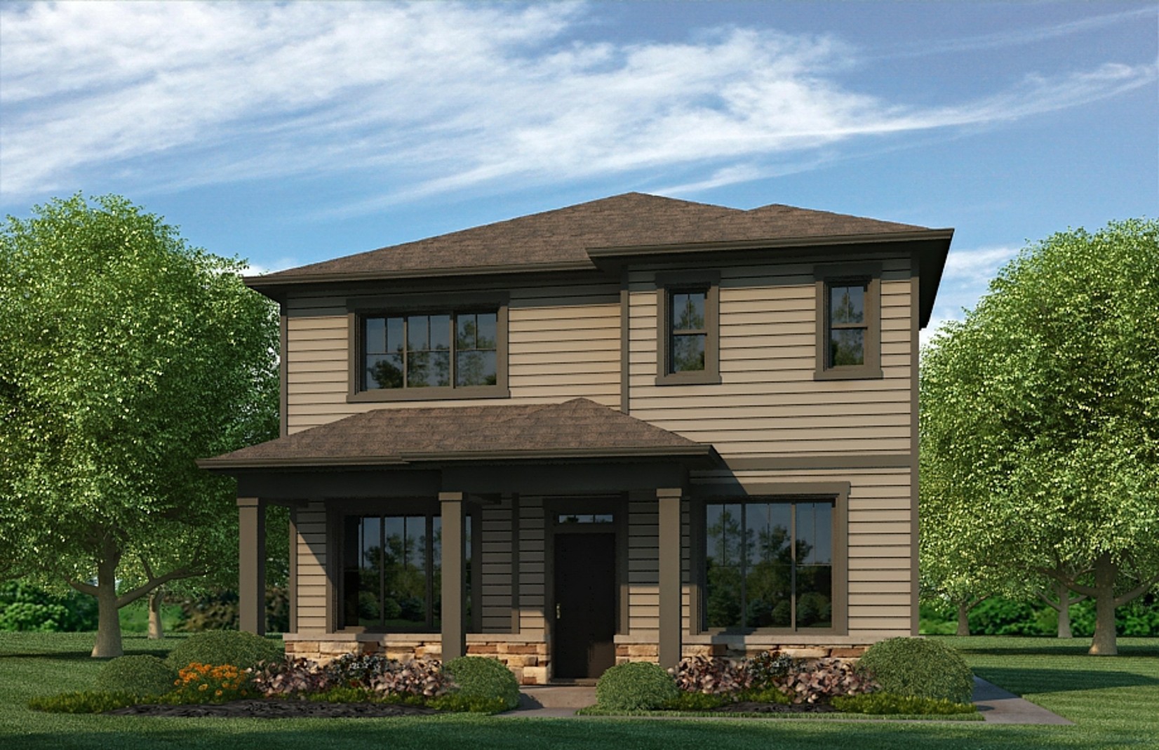 Rendering of two-story Elbert plan showing elevation option A with dark trim and medium brown siding