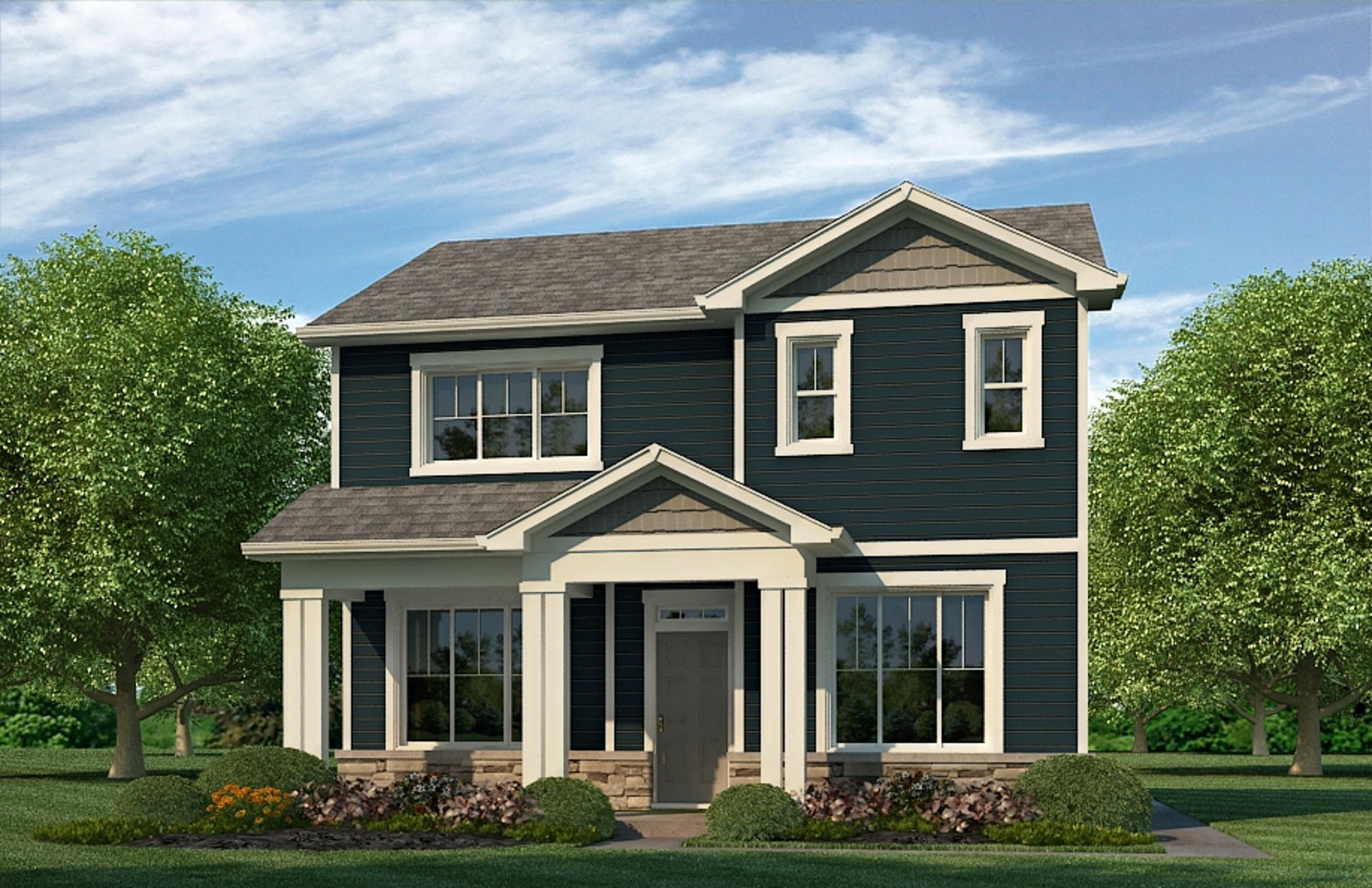 Rendering of two-story Elbert plan showing elevation option B with ivory trim and navy blue siding
