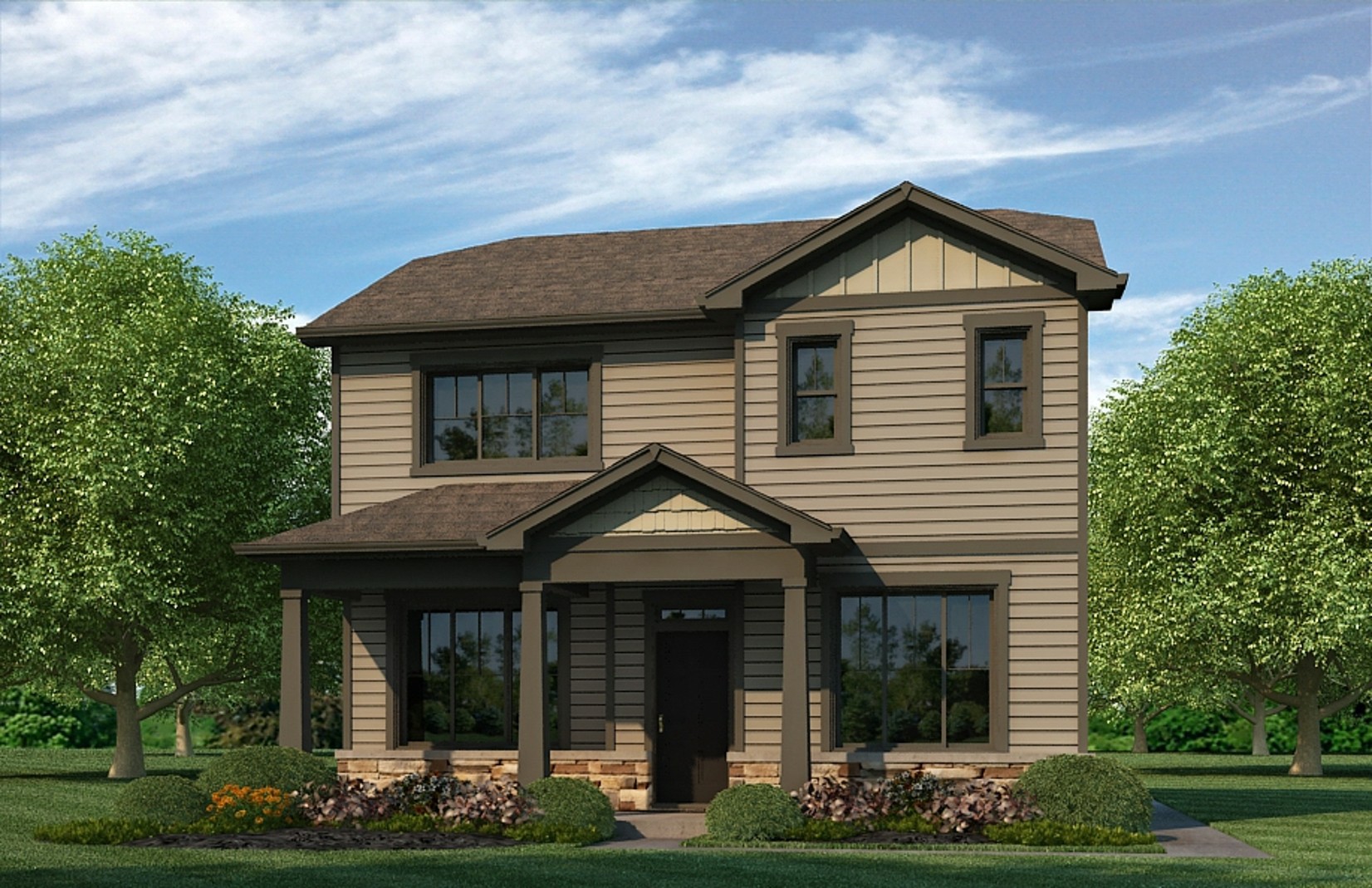 Rendering of two-story Elbert plan showing elevation option C with dark trim and medium brown siding