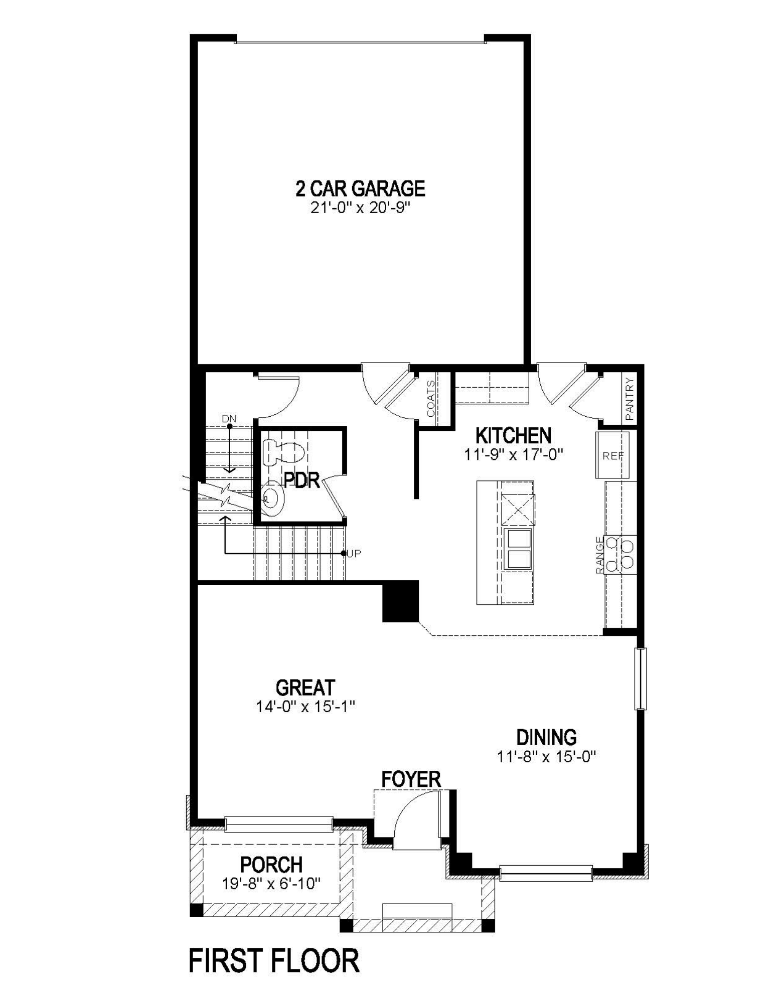 First floor layout of the Elbert plan, featured at Sky Ranch by D.R. Horton