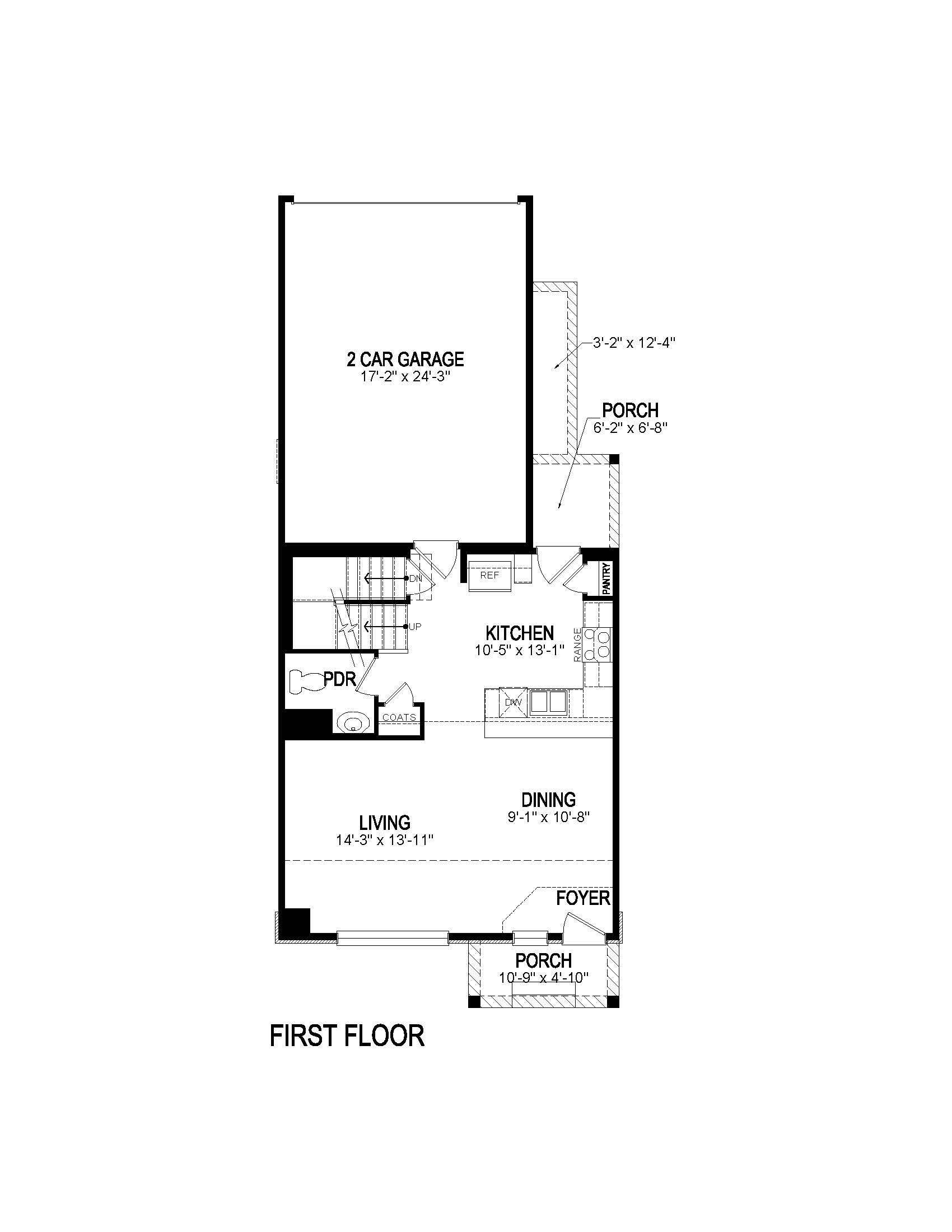 First floor plan layout of two-story Larimer model featured at Sky Ranch in Watkins, Colorado