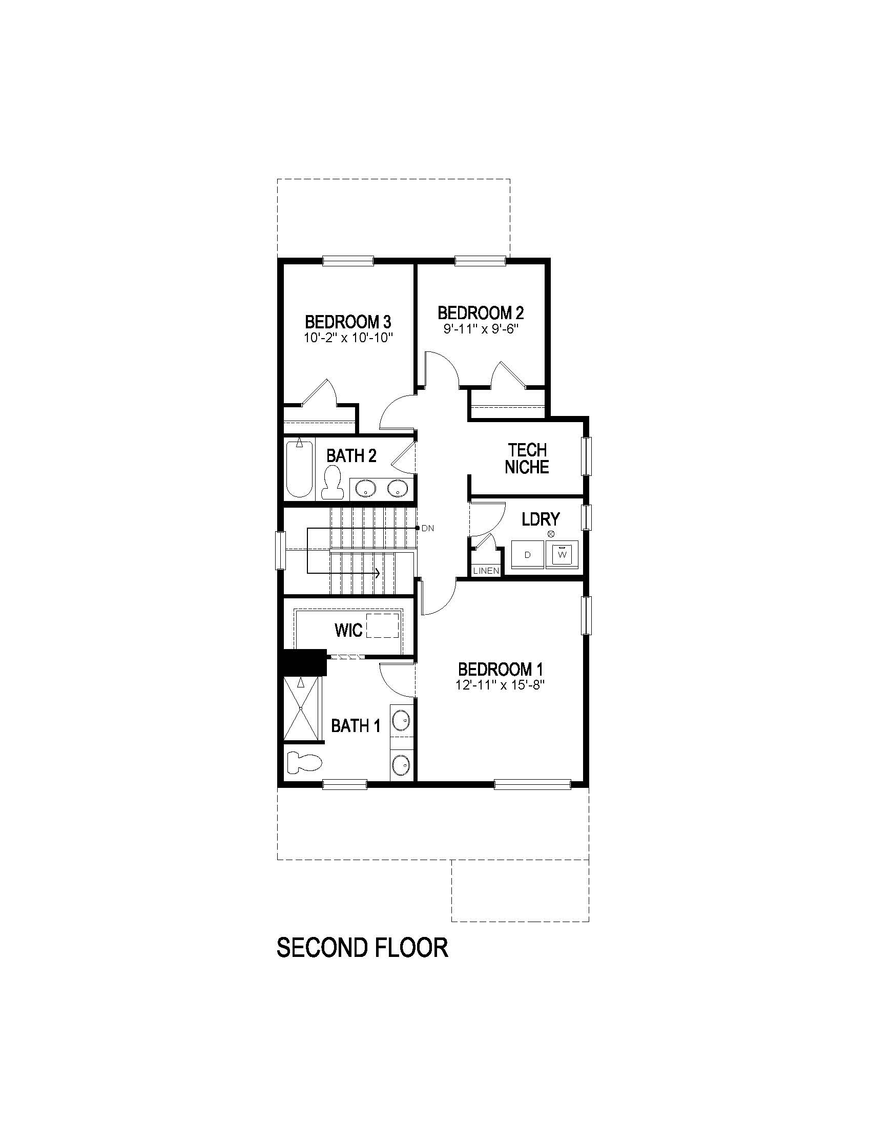Second floor plan layout of two-story Larimer model featured at Sky Ranch in Watkins, CO