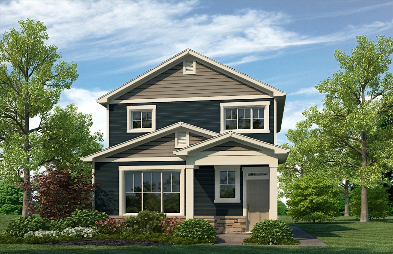 Exterior rendering of two-story Larimer plan showing elevation option A with contrasting siding and trim