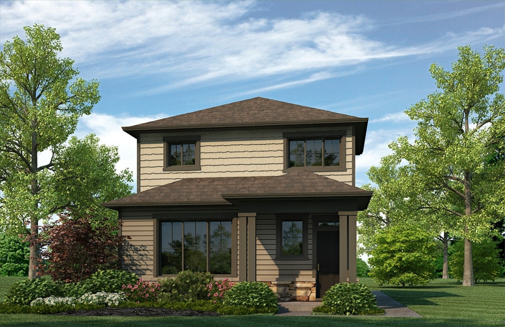 Exterior rendering of two-story Larimer plan showing elevation option B with warm toned siding and trim
