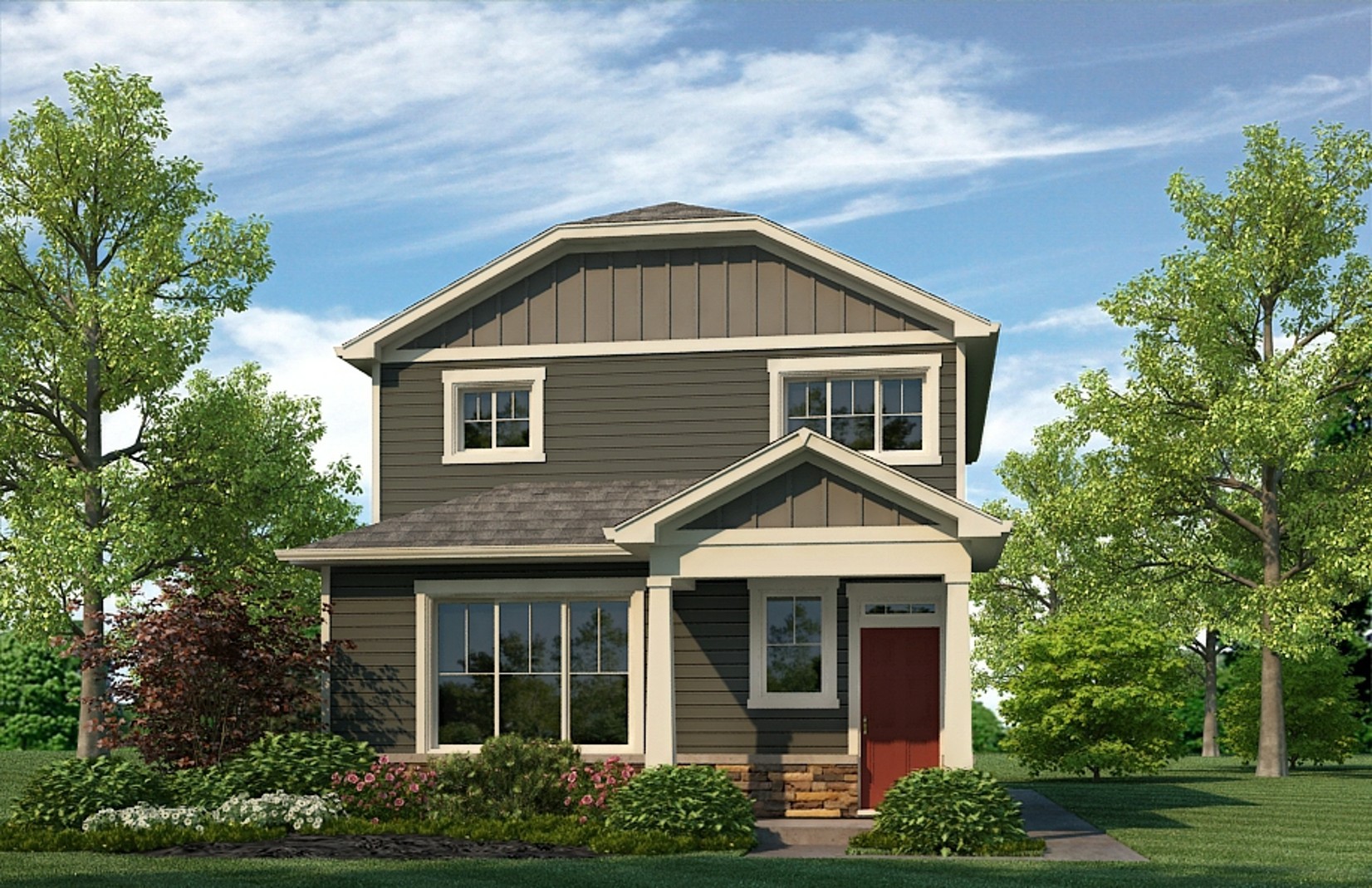 Exterior rendering of two-story Larimer plan showing elevation option C with red door